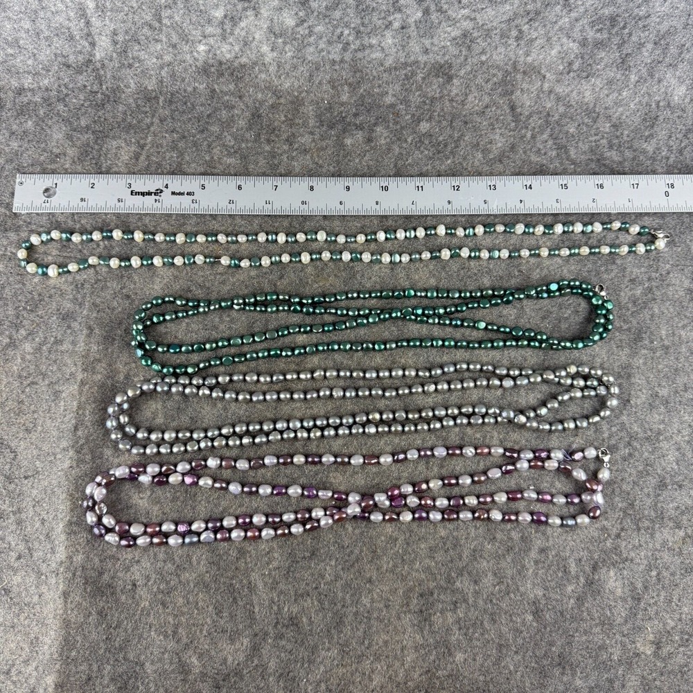Lot of 4 long Freshwater Pearl Jewel Tone Beads Necklaces Silver Green‎ Purple - Picture 2 of 7